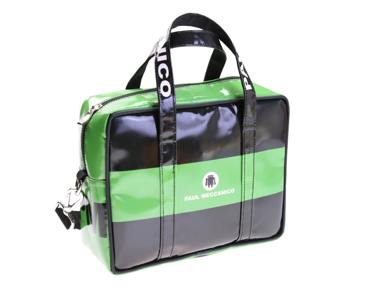 ....BLACK AND GREEN RECTANGULAR WOMEN'S BAG. MODEL PINCA MADE OF LORRY TARPAULIN.