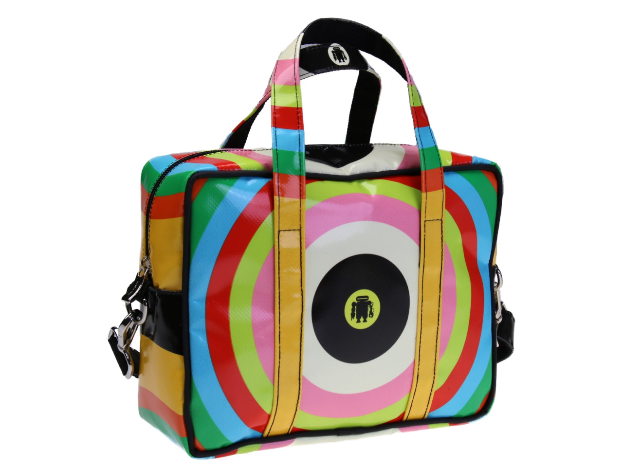 MULTICOLOR RECTANGULAR WOMEN'S BAG WITH GEOMETRIC FANTASY. MODEL PINCA MADE OF LORRY TARPAULIN.