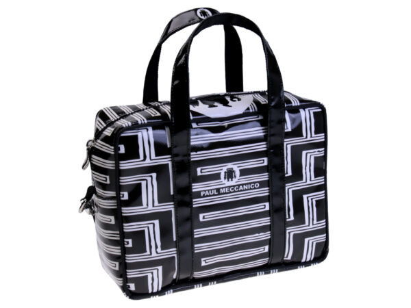 BLACK AND WHITE RECTANGULAR WOMEN'S BAG WITH GEOMETRIC FANTASY. MODEL PINCA MADE OF LORRY TARPAULIN.