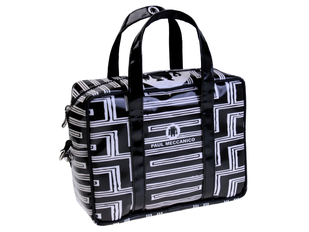 BLACK AND WHITE RECTANGULAR WOMEN'S BAG WITH GEOMETRIC FANTASY. MODEL PINCA MADE OF LORRY TARPAULIN.