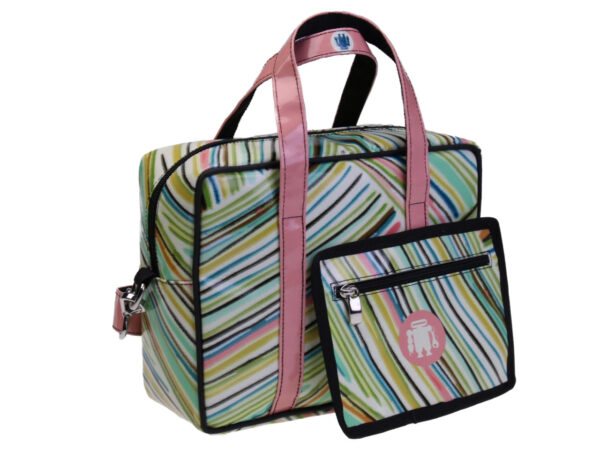 RECTANGULAR WOMEN'S BAG WITH MULTICOLORED STRIPES. MODEL PINCA MADE OF LORRY TARPAULIN.