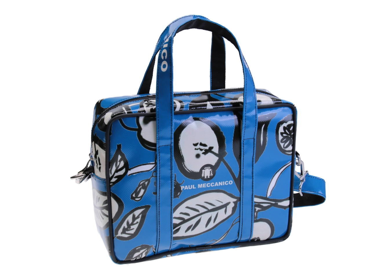 LIGHT BLUE RECTANGULAR WOMEN'S BAG WITH FLORAL FANTASY. MODEL PINCA MADE OF LORRY TARPAULIN.