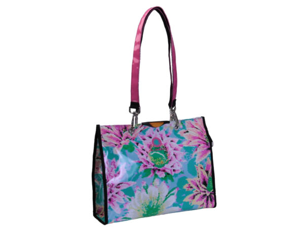 LIGHT BLUE SHOPPER BAG WITH FLORAL FANTASY. MODEL PEPE MADE OF LORRY TARPAULIN.