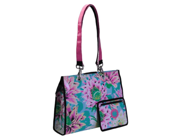 LIGHT BLUE SHOPPER BAG WITH FLORAL FANTASY. MODEL PEPE MADE OF LORRY TARPAULIN.