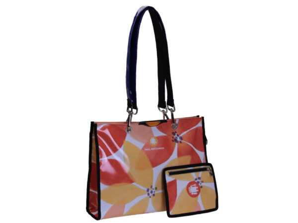 SHOPPER BAG WHITE AND ORANGE COLOURS FLORAL FANTASY. MODEL PEPE MADE OF LORRY TARPAULIN.