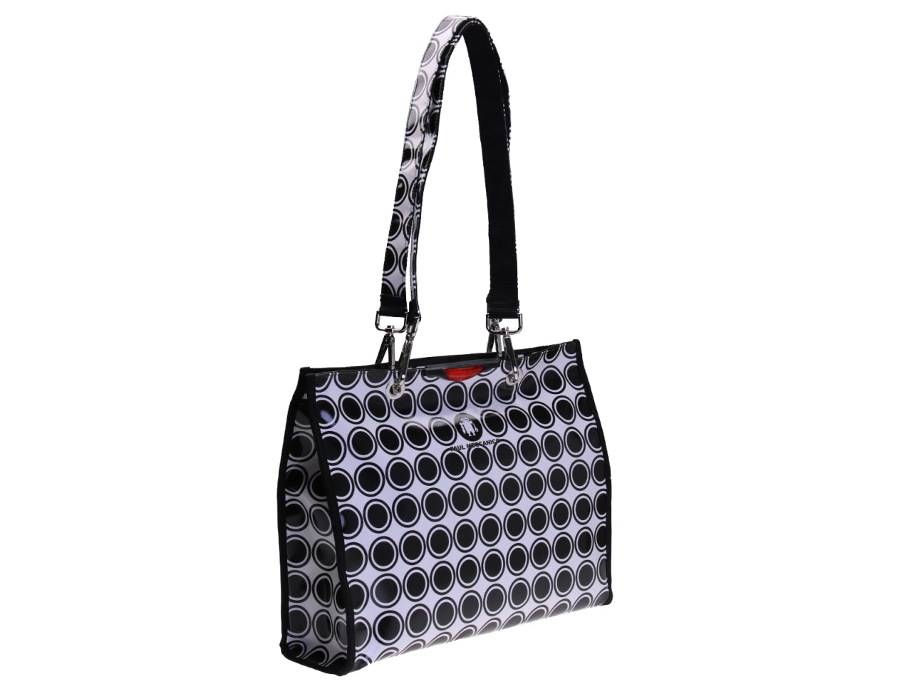 BLACK AND WHITE SHOPPER BAG WITH CIRCLES. MODEL PEPE MADE OF LORRY TARPAULIN.