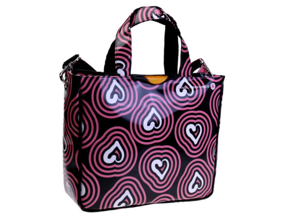 BLACK AND PINK TOTE BAG "HEARTS". MODEL GLAM MADE OF LORRY TARPAULIN.
