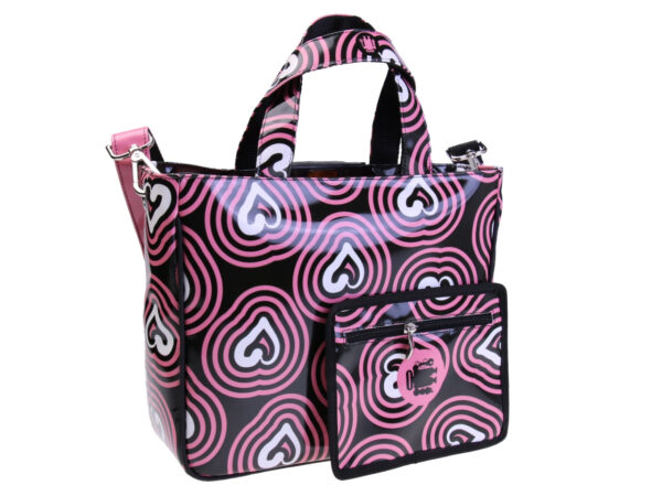 BLACK AND PINK TOTE BAG "HEARTS". MODEL GLAM MADE OF LORRY TARPAULIN.