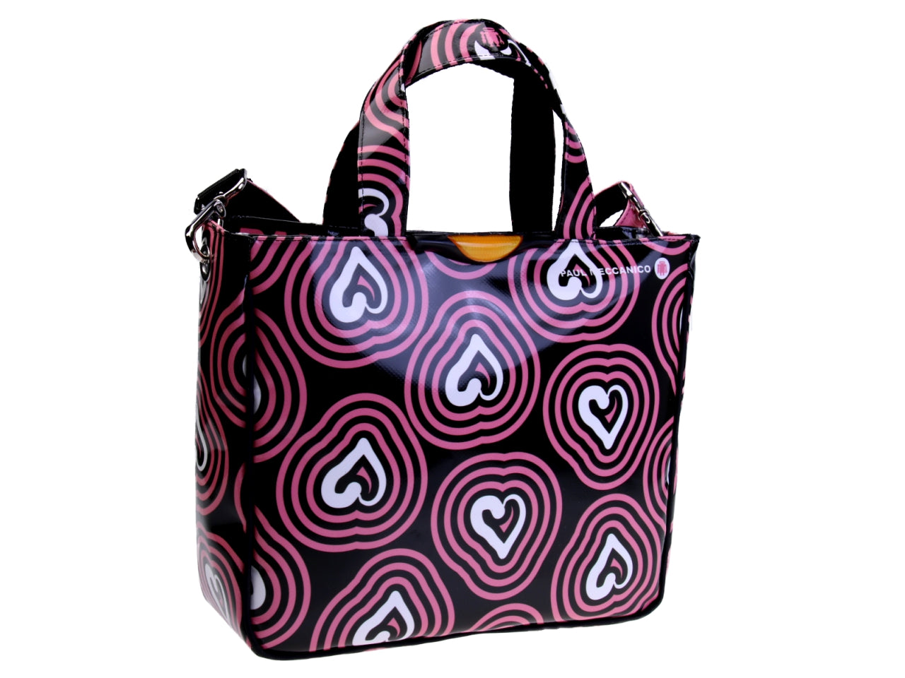 BLACK AND PINK TOTE BAG "HEARTS". MODEL GLAM MADE OF LORRY TARPAULIN.