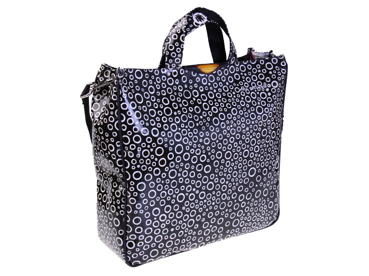 BLACK AND WHITE MAXI TOTE BAG "CIRCLES". MODEL AIRSTONE MADE OF LORRY TARPAULIN.