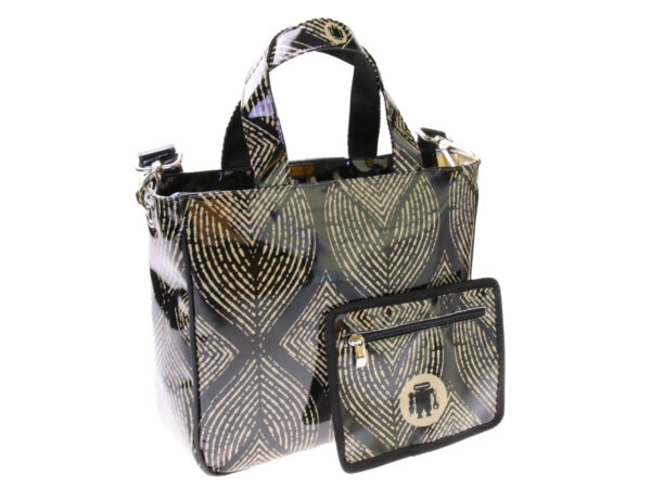 BLACK AND BEIGE TOTE BAG AFRO FANTASY. MODEL GLAM MADE OF LORRY TARPAULIN.