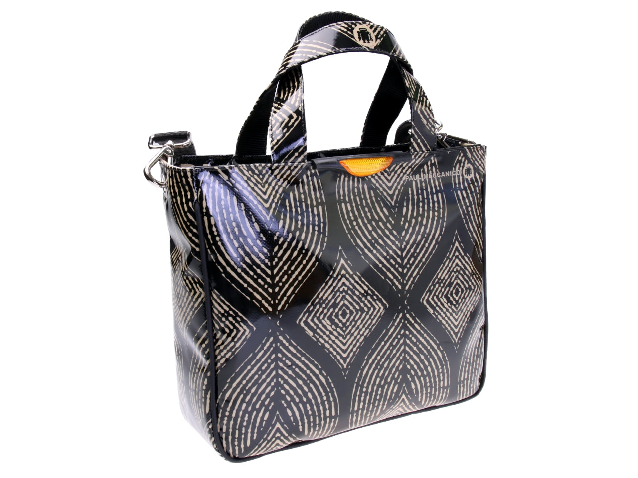 BLACK AND BEIGE TOTE BAG AFRO FANTASY. MODEL GLAM MADE OF LORRY TARPAULIN.