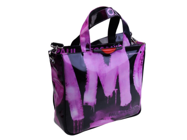 TOTE BAG BLACK AND LILAC WITH GRAFFITI FANTASY. MODEL GLAM MADE OF LORRY TARPAULIN.