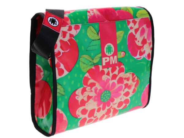 GREEN AND FUCHSIA CROSSBODY BAG FLORAL FANTASY. MODEL BREAK MADE OF LORRY TARPAULIN.