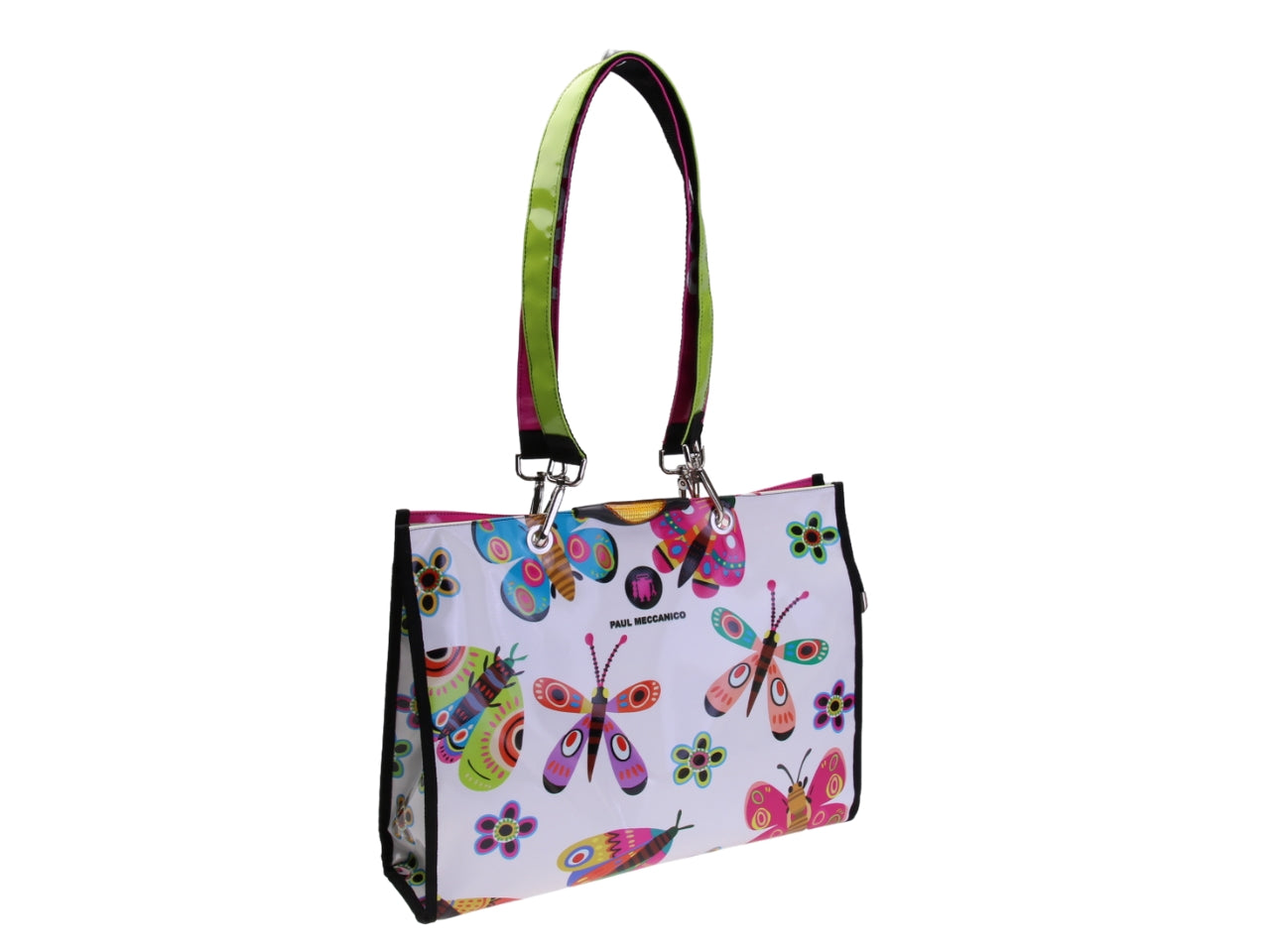...WHITE SHOPPER BAG "FLOWERS AND BUTTERFLIES". MODEL PEPE MADE OF LORRY TARPAULIN.