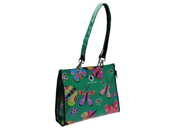 GREEN SHOPPER BAG WITH "FLOWERS AND BUTTERFLIES". MODEL PEPE MADE OF LORRY TARPAULIN.