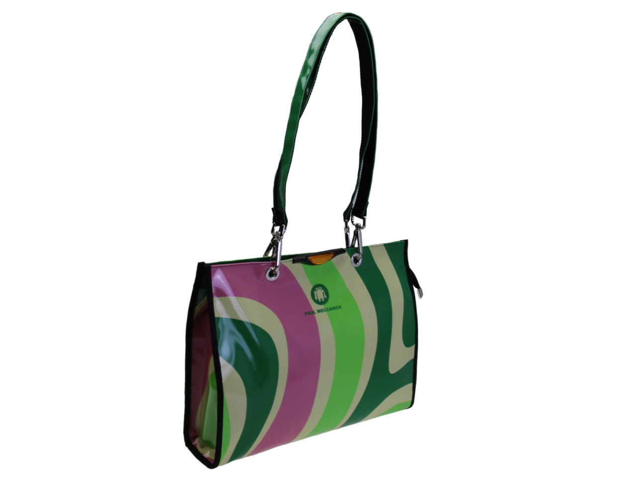 SHOPPER BAG GREEN, BEIGE AND PINK WITH GEOMETRIC FANTASY. MODEL PEPE MADE OF LORRY TARPAULIN.