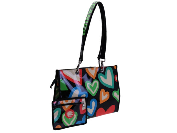 BLACK SHOPPER BAG "HEARTS". MODEL PEPE MADE OF LORRY TARPAULIN.