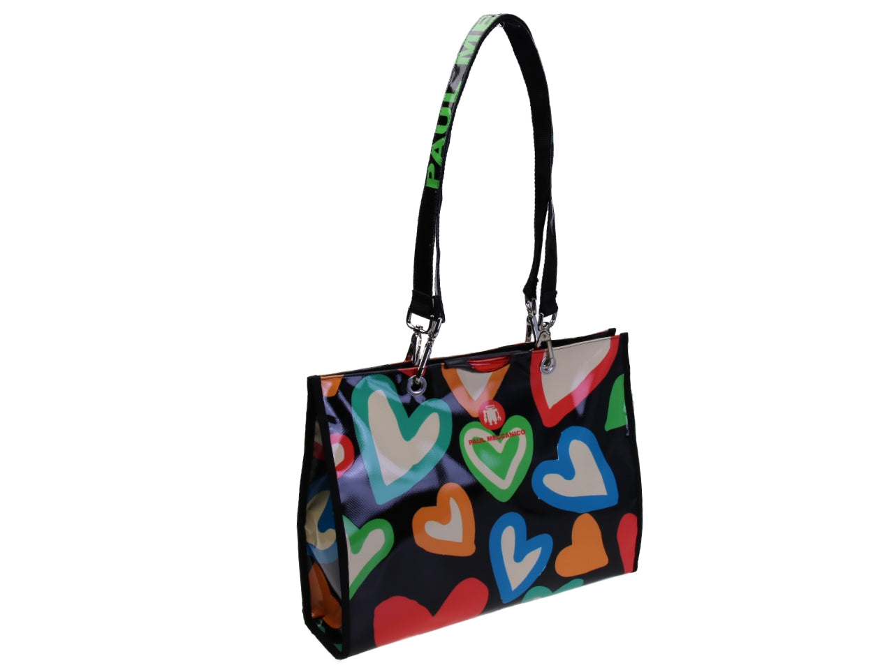 BLACK SHOPPER BAG "HEARTS". MODEL PEPE MADE OF LORRY TARPAULIN.