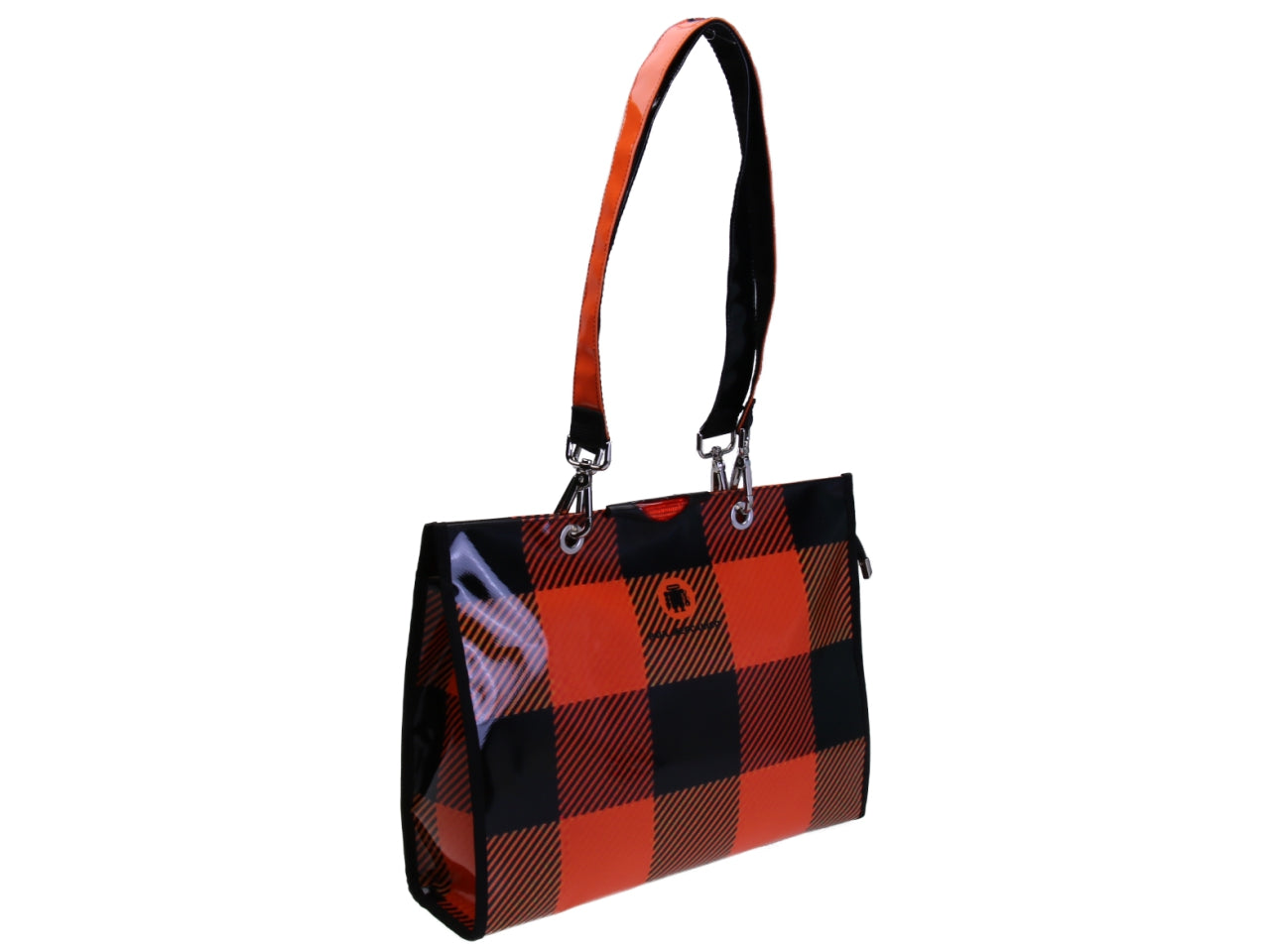 BLACK AND ORANGE SHOPPER BAG WITH CHESS FANTASY. MODEL PEPE MADE OF LORRY TARPAULIN.