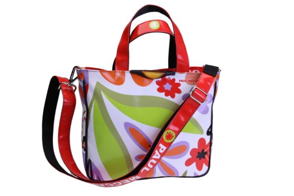 WHITE TOTE BAG WITH FLORAL FANTASY. MODEL GLAM MADE OF LORRY TARPAULIN.