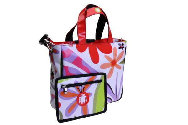 WHITE TOTE BAG WITH FLORAL FANTASY. MODEL GLAM MADE OF LORRY TARPAULIN.