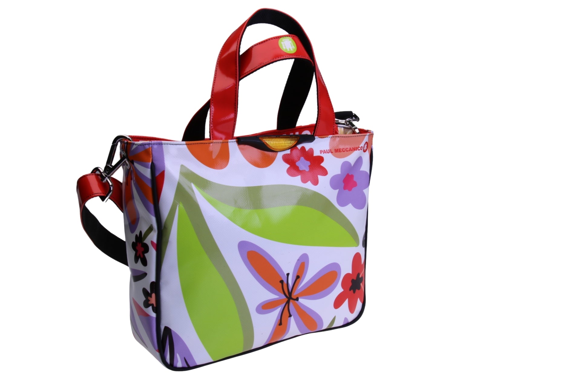 WHITE TOTE BAG WITH FLORAL FANTASY. MODEL GLAM MADE OF LORRY TARPAULIN.