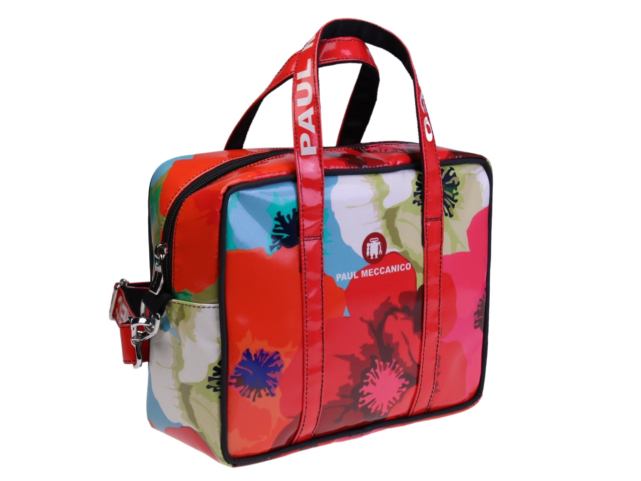 ....RED RECTANGULAR WOMEN'S BAG WITH FLORAL FANTASY. MODEL PINCA MADE OF LORRY TARPAULIN.