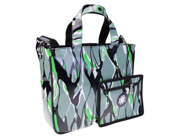 ....TOTE BAG GREEN, GREY AND BLACK COLOURS WITH ABSTRACT FANTASY. MODEL GLAM MADE OF LORRY TARPAULIN.