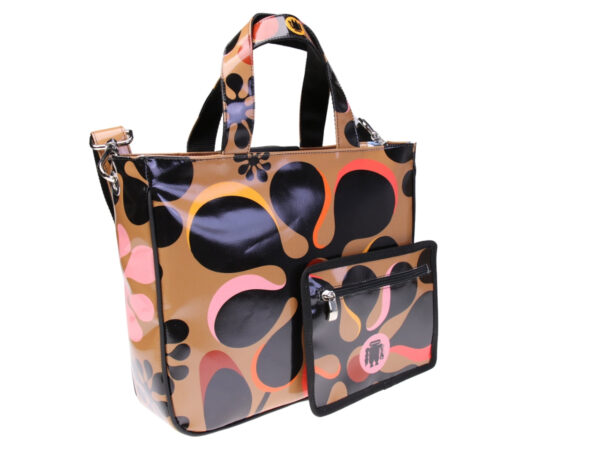 ....BROWN TOTE BAG WITH FLORAL FANTASY. MODEL GLAM MADE OF LORRY TARPAULIN.