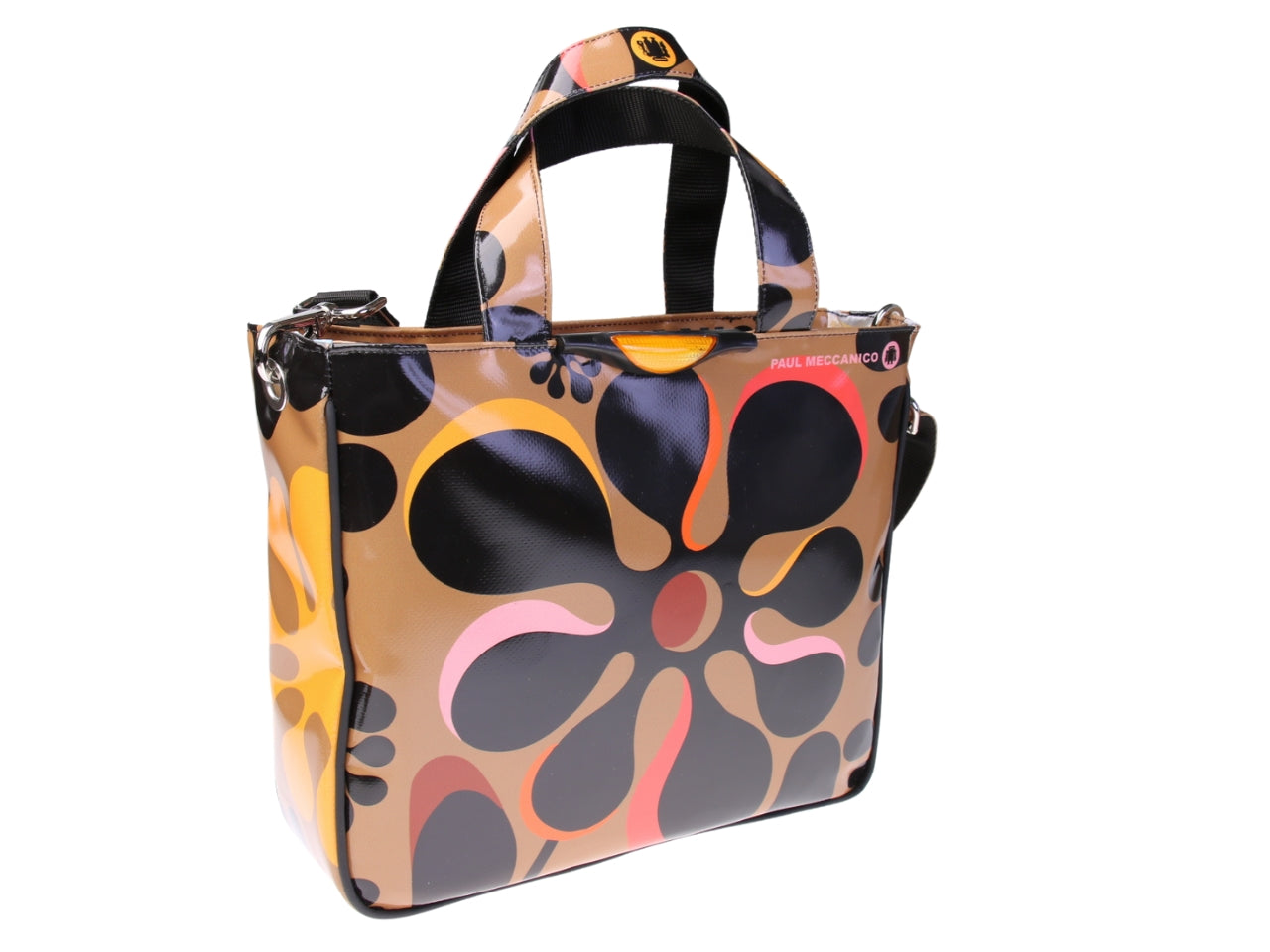 ....BROWN TOTE BAG WITH FLORAL FANTASY. MODEL GLAM MADE OF LORRY TARPAULIN.