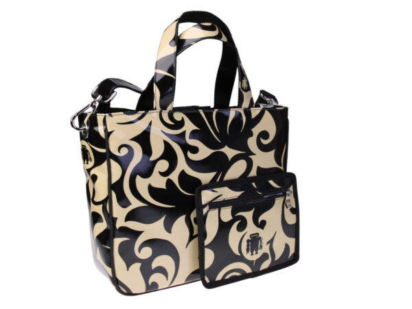 .... BLACK AND BEIGE TOTE BAG WITH MAJOLICA FANTASY. MODEL GLAM MADE OF LORRY TARPAULIN.