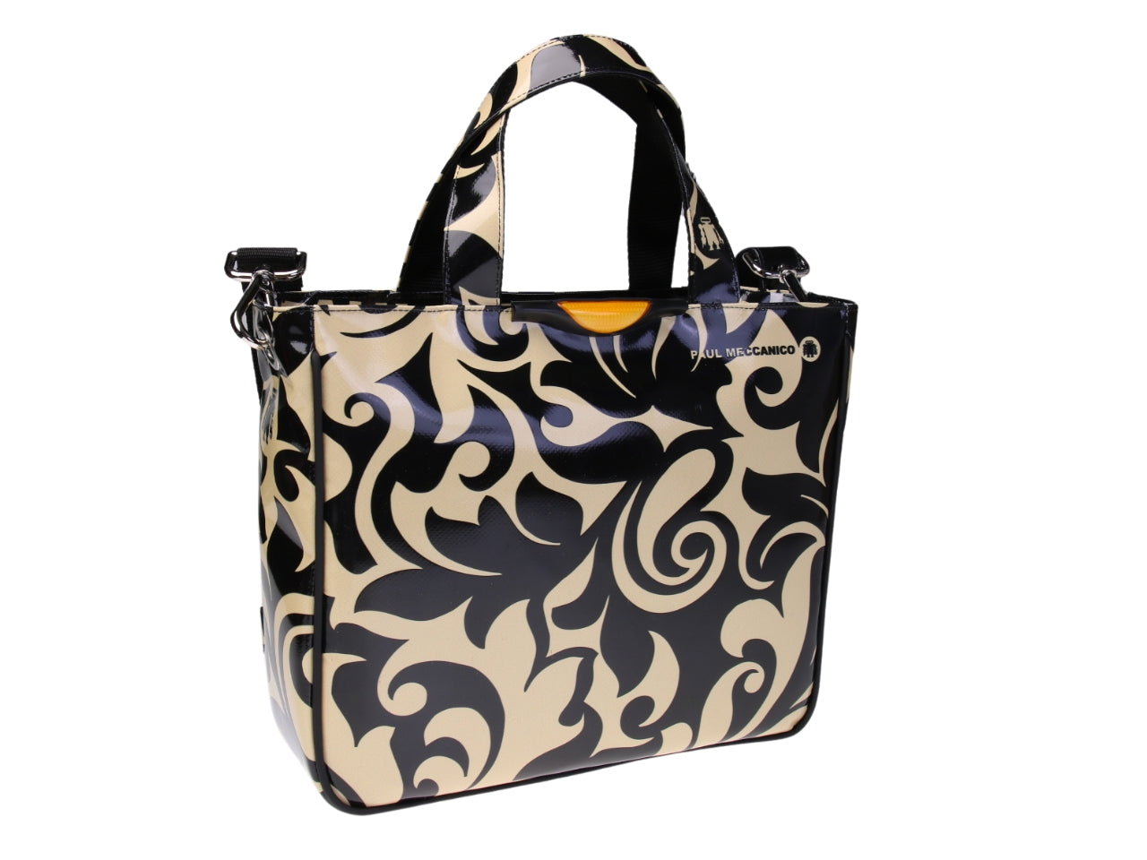 .... BLACK AND BEIGE TOTE BAG WITH MAJOLICA FANTASY. MODEL GLAM MADE OF LORRY TARPAULIN.
