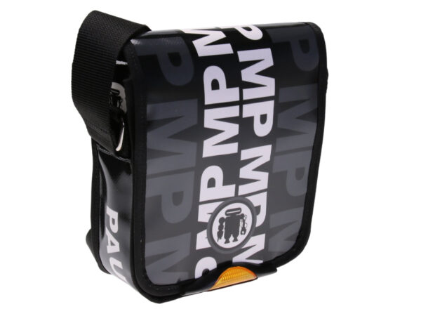 ...CROSSBODY BAG BLACK, GREY AND WHITE COLOURS WITH LETTERING FANTASY. MODEL MIPOK MADE OF LORRY TARPAULIN.