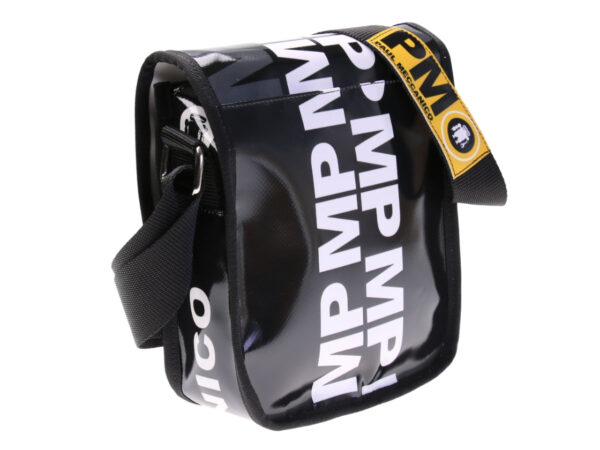 ...CROSSBODY BAG BLACK, GREY AND WHITE COLOURS WITH LETTERING FANTASY. MODEL MIPOK MADE OF LORRY TARPAULIN.
