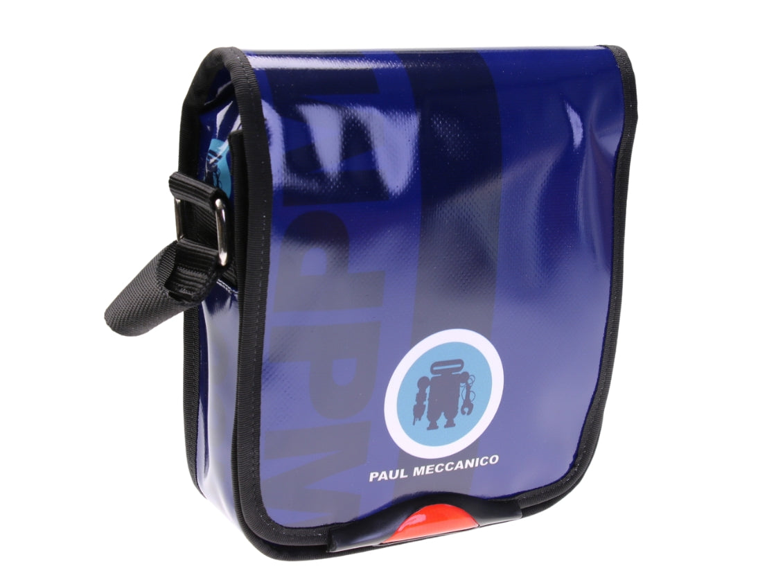 ...BLUE CROSSBODY BAG. MODEL MIPOK MADE OF LORRY TARPAULIN.