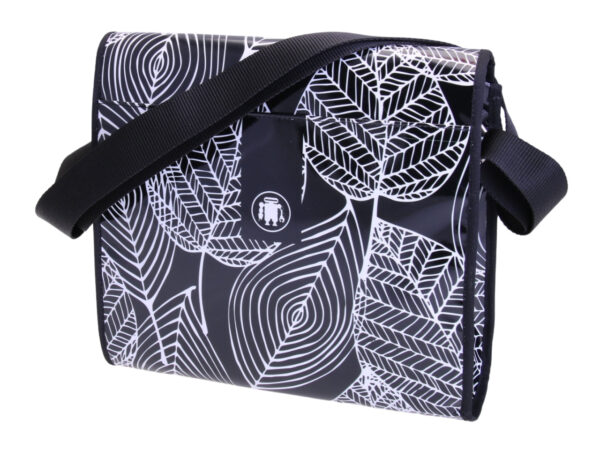 _ CROSSBODY BAG BLACK & WHITE WITH FLORAL FANTASY. MODEL BREAK MADE OF LORRY TARPAULIN.