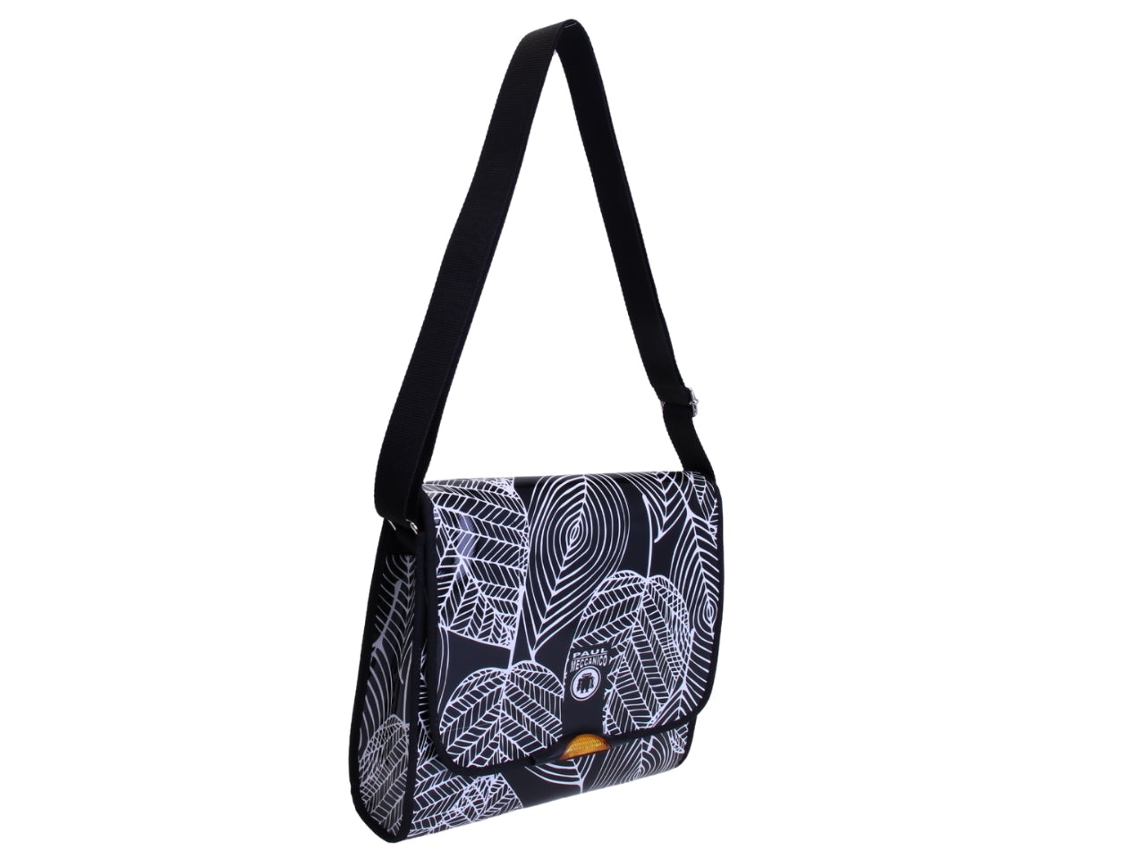 _ CROSSBODY BAG BLACK & WHITE WITH FLORAL FANTASY. MODEL BREAK MADE OF LORRY TARPAULIN.