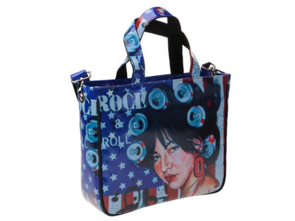TOTE BAG "ROCK & ROLL" DESIGNED BY BIANCA LEVER. MODEL GLAM MADE OF LORRY TARPAULIN.