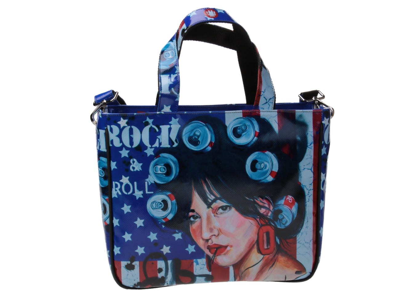 TOTE BAG "ROCK & ROLL" DESIGNED BY BIANCA LEVER. MODEL GLAM MADE OF LORRY TARPAULIN.