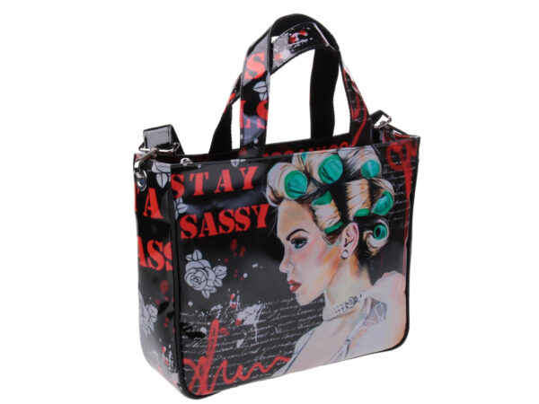 TOTE BAG "STAY SASSY" DESIGNED BY BIANCA LEVER. MODEL GLAM MADE OF LORRY TARPAULIN.