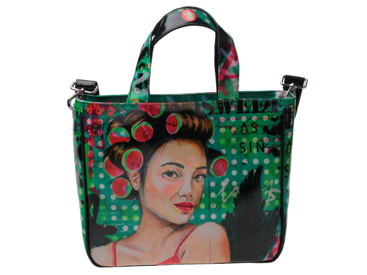 TOTE BAG "SWEET AS SIN" DESIGNED BY BIANCA LEVER. MODEL GLAM MADE OF LORRY TARPAULIN.