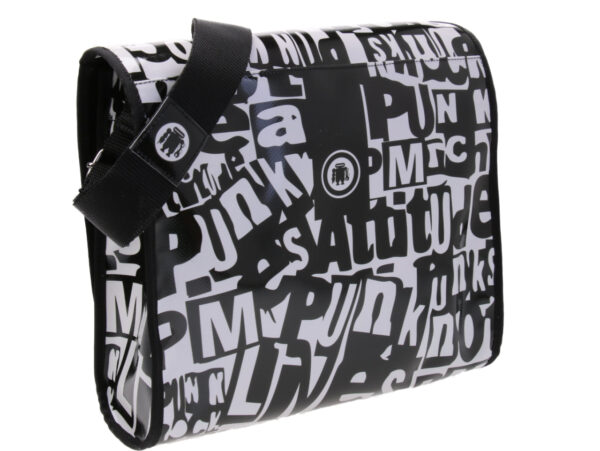 BLACK AND WHITE CROSSBODY BAG WITH LETTERING FANTASY. MODEL BREAK MADE OF LORRY TARPAULIN.