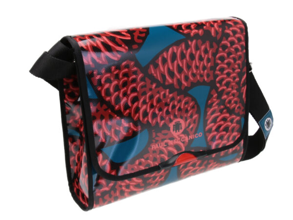 CROSSBODY BAG BORDEAUX, BLACK AND LIGHT BLUE. MODEL BREAK MADE OF LORRY TARPAULIN.