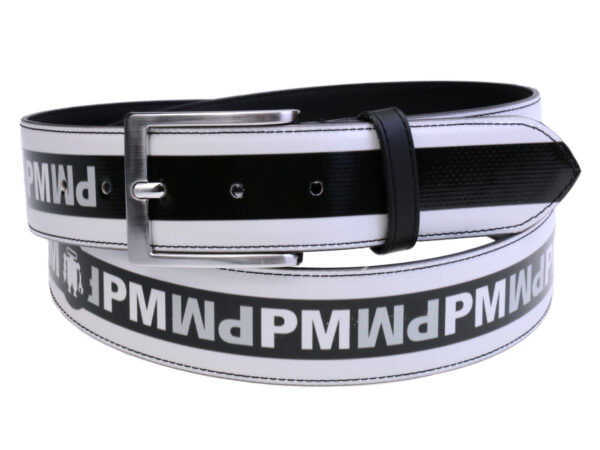 BLACK AND WHITE MEN'S BELT MADE OF LORRY TARPAULIN.