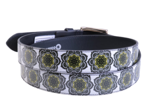 WHITE WOMEN'S BELT WITH MANTRA FANTASY MADE OF LORRY TARPAULIN.