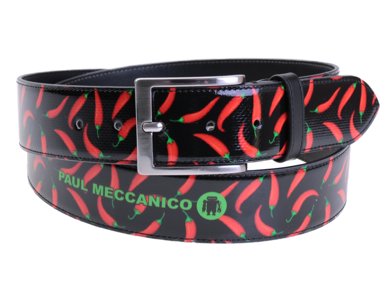 BLACK MEN'S BELT "CHILI PEPPERS" MADE OF LORRY TARPAULIN.