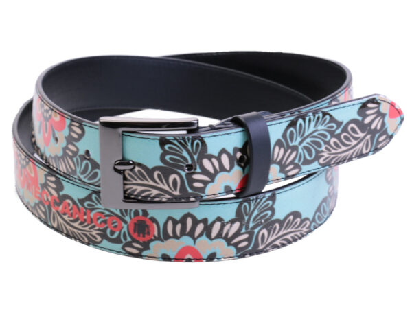 LIGHT BLUE WOMEN'S BELT WITH FLORAL FANTASY MADE OF LORRY TARPAULIN.