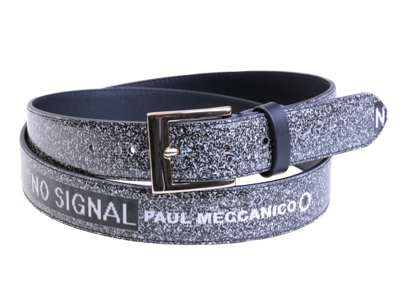 BLACK AND WHITE WOMEN'S BELT "NO SIGNAL" MADE OF LORRY TARPAULIN.