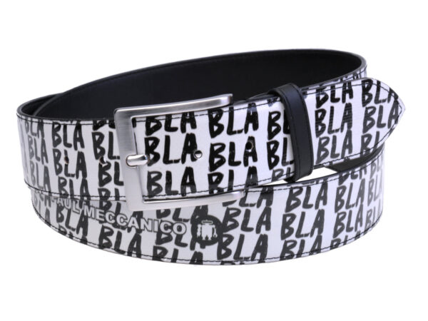 BLACK AND WHITE MEN'S BELT "BLA BLA BLA" MADE OF LORRY TARPAULIN.